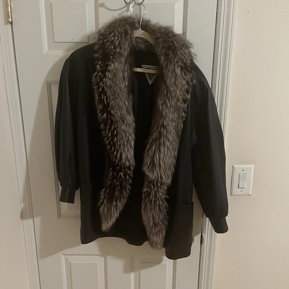 Vintage fur-trimmed black leather jacket - J. Percy for Marvin Richards